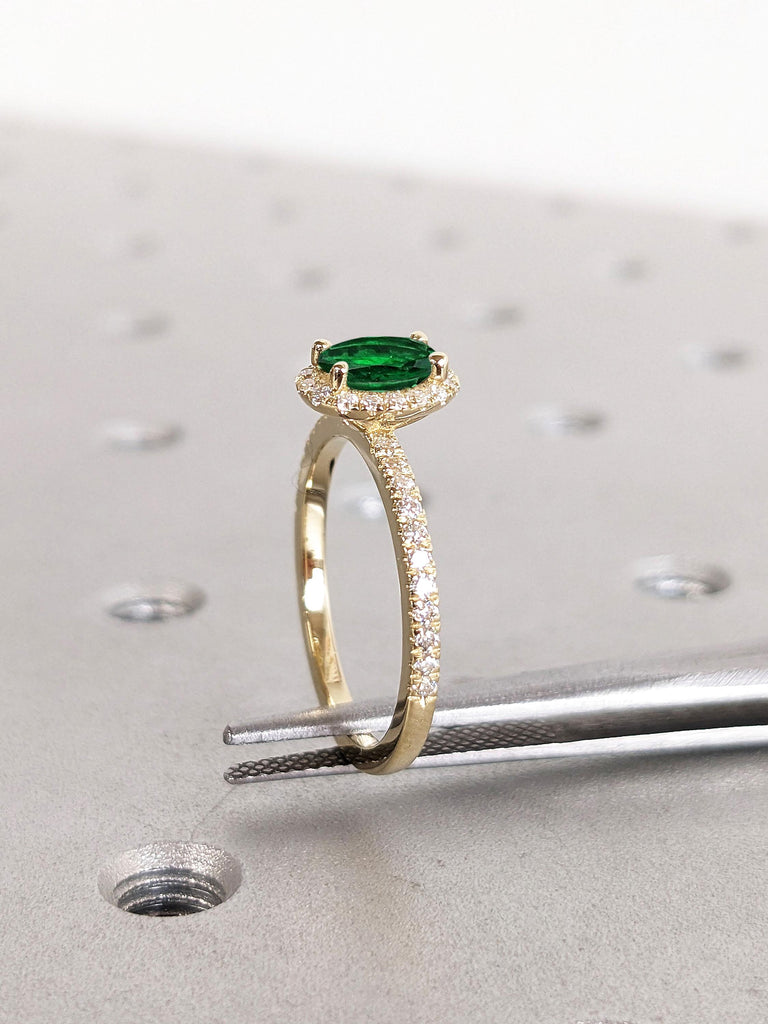 Vintage Oval cut Lab Grown Emerald Engagement Ring | Lab Diamond Halo Ring 14k Yellow Gold | Art Deco Promise Anniversary Ring Women Jewelry