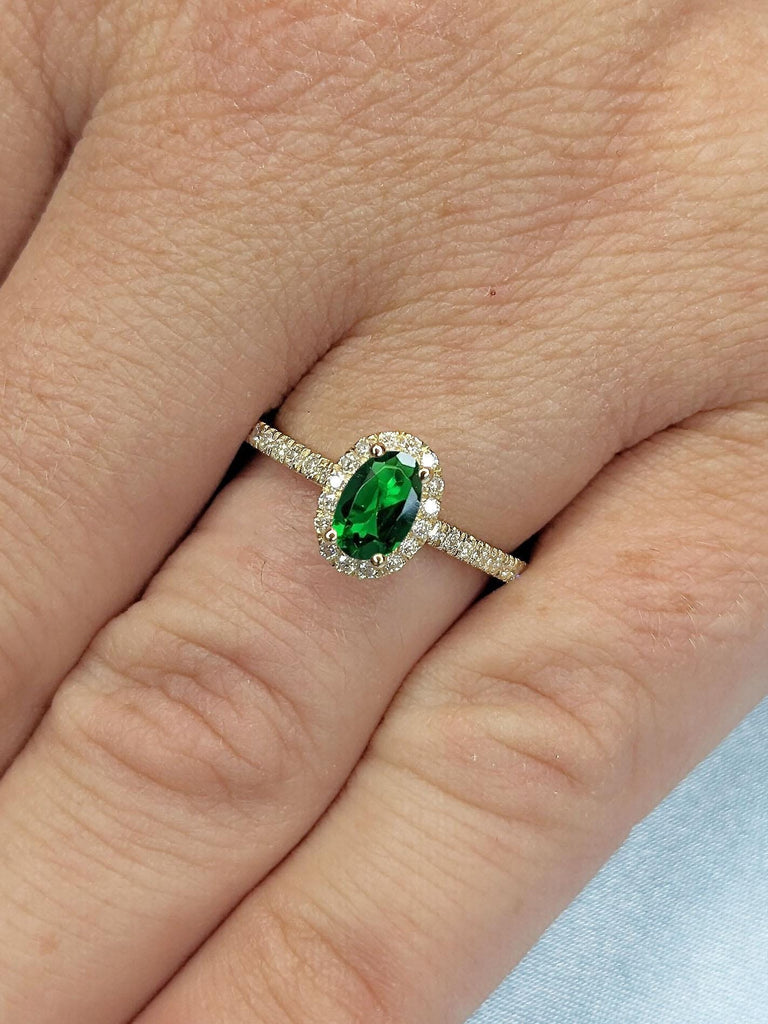 Oval Emerald Engagement Ring | Unique Yellow Gold Oval Halo Ring | Green Gemstone Ring | May Birthstone Gift for Her | Emerald and Diamonds