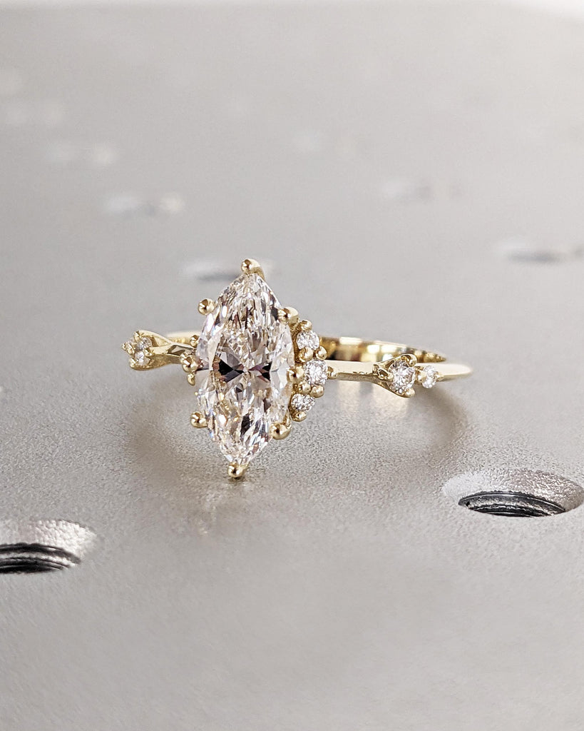 Vintage Style Inspired Engagement Ring, Marquise Cut Lab Grown Diamond Ring, Unique Art Deco Marquise Engagement Ring, 14K Anniversary Ring