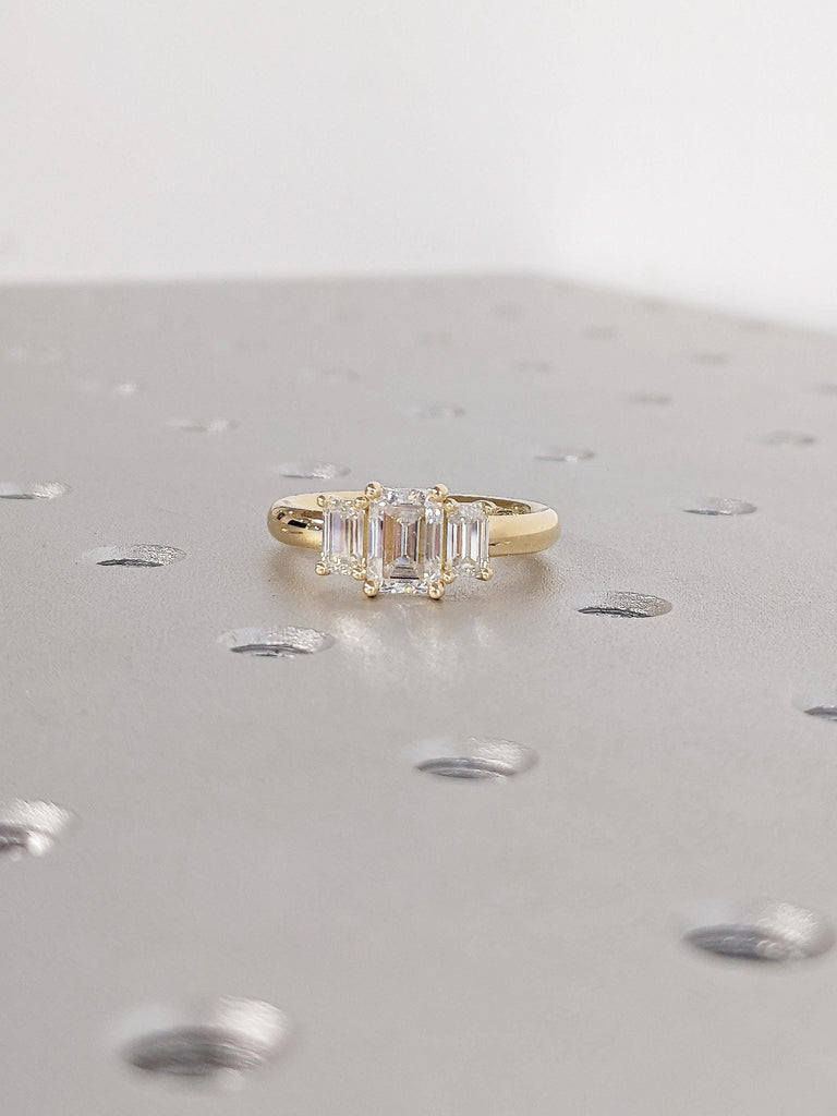 Emerald Cut Moissanite Engagement Ring | 18k Yellow Gold Wedding Ring | Unique Moissanite Three Stone Ring | Anniversary Gifts for Women