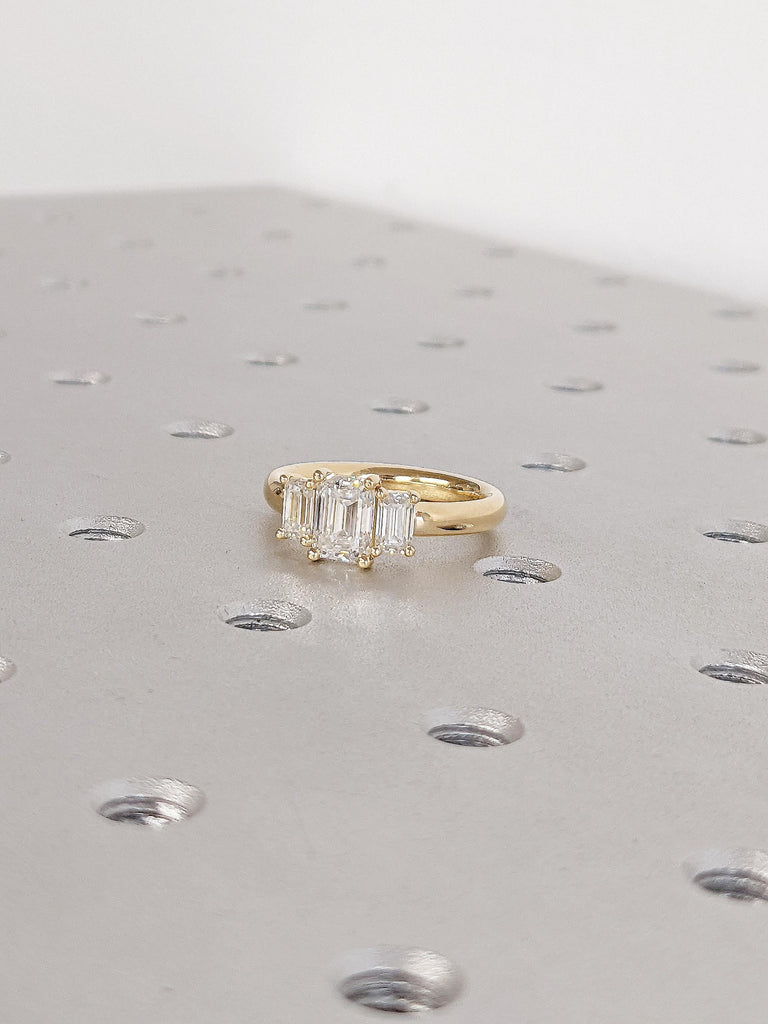 Lab Grown Diamond Promise Ring | 18k Yellow Gold Wedding Rings | Emerald Cut Three Stone Ring | Handmade Jewelry | Unique Statement Ring