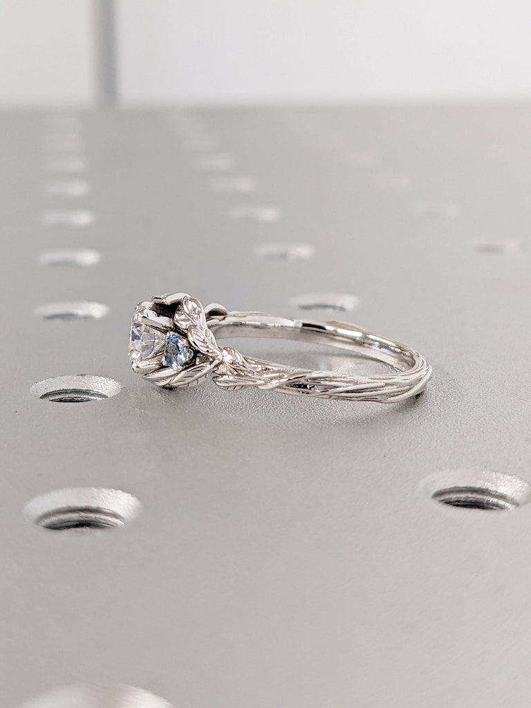 Three Stone Lab Created Diamond and Aquamarine Ring | Solid Gold Engagement Ring | Past Present Future Ring | Unique Bridal Ring Woman