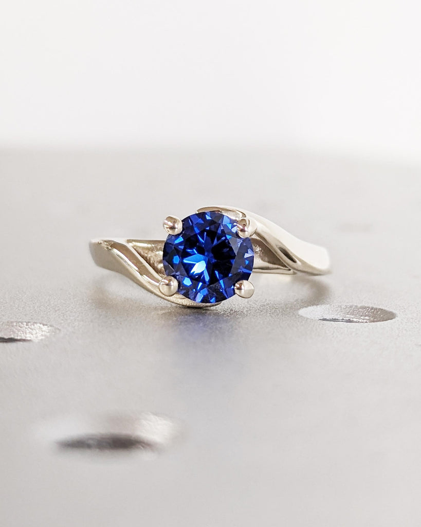 Vintage Sapphire Engagement Ring | White Gold Twist Ring Split Shank | Round Blue Lab Sapphire Wedding Ring | Dainty Birthstone Ring For Her