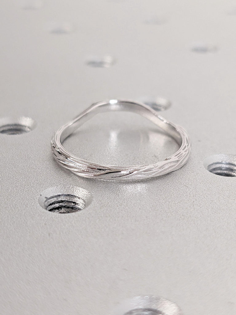 Tree Bark Wedding Band in White Gold | 2mm Wide Unique Rings | Delicate Curve Stacking Ring | Handmade Twig Ring | Women Bridal Ring Jewelry