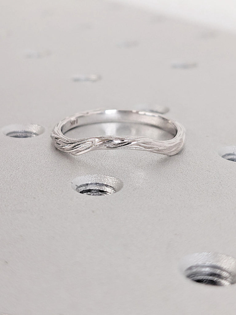 Tree Bark Wedding Band in White Gold | 2mm Wide Unique Rings | Delicate Curve Stacking Ring | Handmade Twig Ring | Women Bridal Ring Jewelry