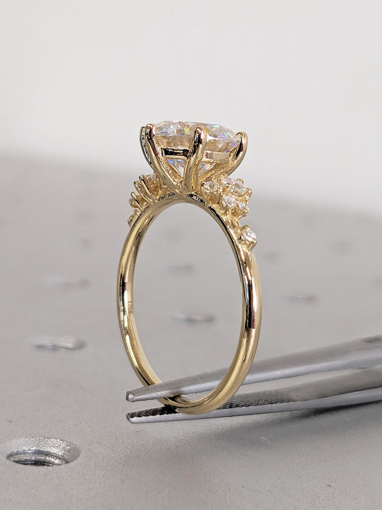 Round Lab Grown Diamond Ring, Dainty 18K Yellow Gold Wedding Ring, Art Deco Snowdrift 6 Prong Diamond Cluster Ring, Birthday Gift for Her