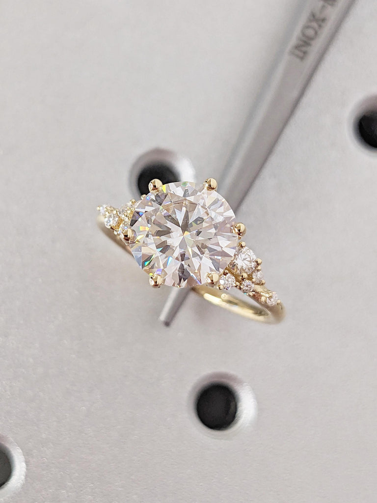 Round Moissanite Engagement Ring | 18K Yellow Gold Ring | Unique Snowdrift 6 prong Diamond Cluster Proposal Ring | Wedding Gift for Women