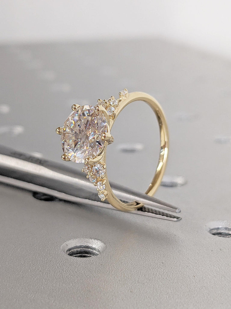 Round Moissanite Engagement Ring | 18K Yellow Gold Ring | Unique Snowdrift 6 prong Diamond Cluster Proposal Ring | Wedding Gift for Women