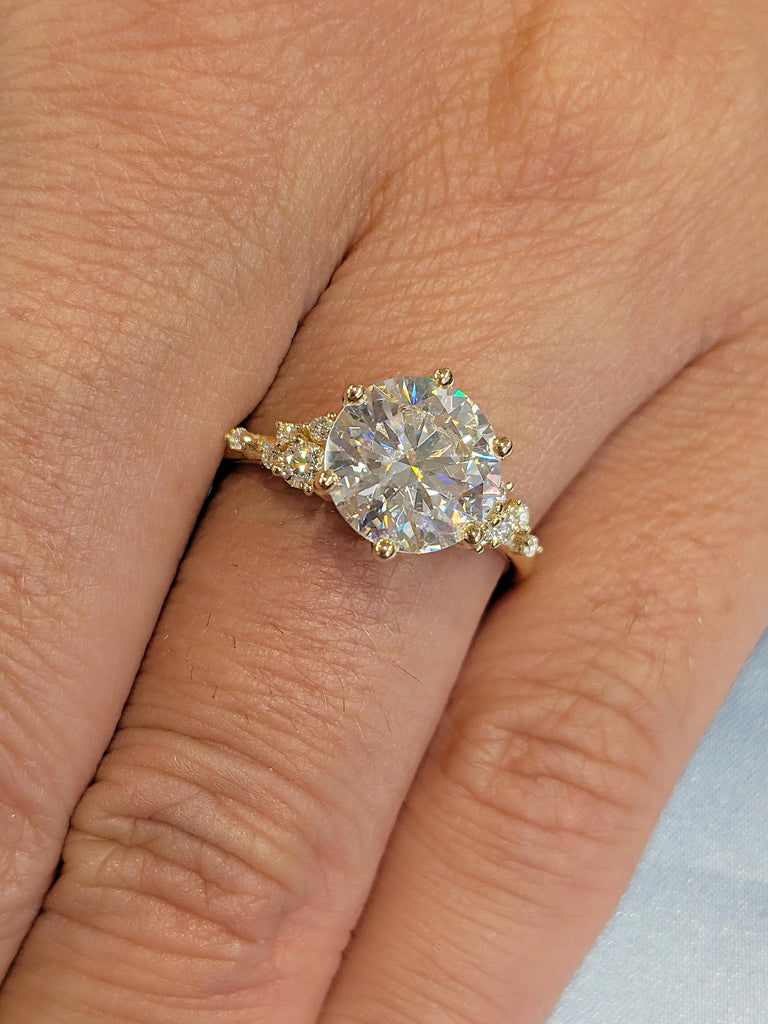 Round Moissanite Engagement Ring | 18K Yellow Gold Ring | Unique Snowdrift 6 prong Diamond Cluster Proposal Ring | Wedding Gift for Women