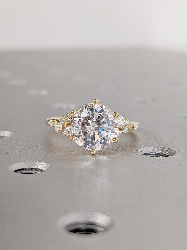 Round Moissanite Engagement Ring | 18K Yellow Gold Ring | Unique Snowdrift 6 prong Diamond Cluster Proposal Ring | Wedding Gift for Women