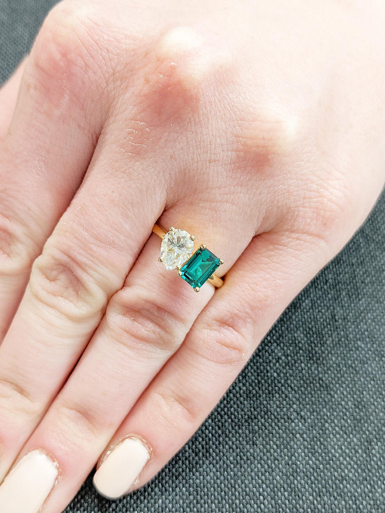 Two Stone Engagement Ring, Art Deco 18k Yellow Gold Ring, Emerald and Pear Cut Promise Ring, Green Lab Grown Emerald Ring, Moissanite Ring