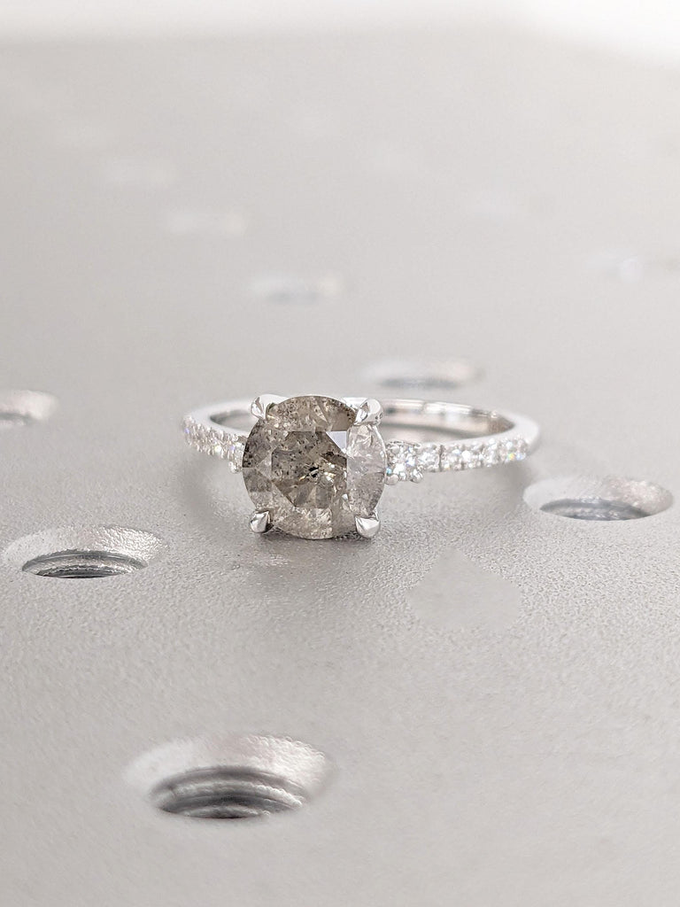 Unique Natural Gray Diamond Engagement Ring | Lab Grown Diamond Cluster Half Eternity Band | Solid Gold Wedding Ring Salt and Pepper Diamond