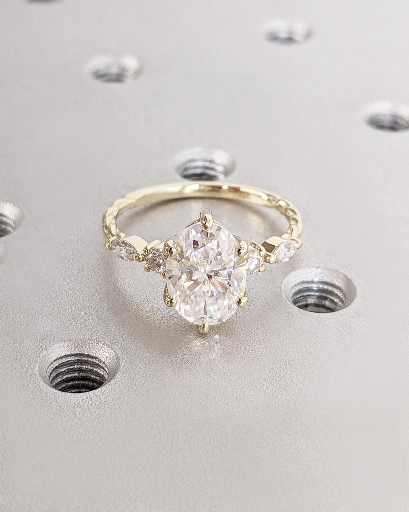 Classic Style Oval Lab Diamond Engagement Ring, Marquise and Round Diamond/Moissanite Twist Band Ring, Oval Engagement Ring, 14K Yellow Gold