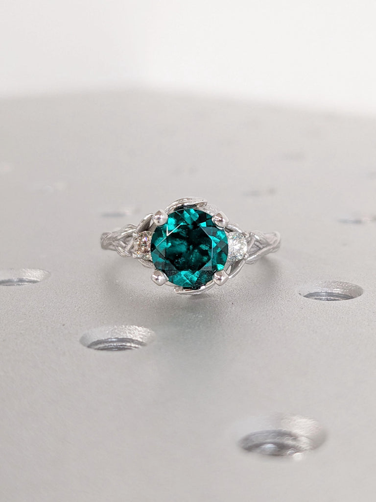 Unique Leaf Ring | Round Emerald and Moissanite Rustic Promise Anniversary Ring | White Gold, Platinum Woman Bridal Jewelry | May Birthstone