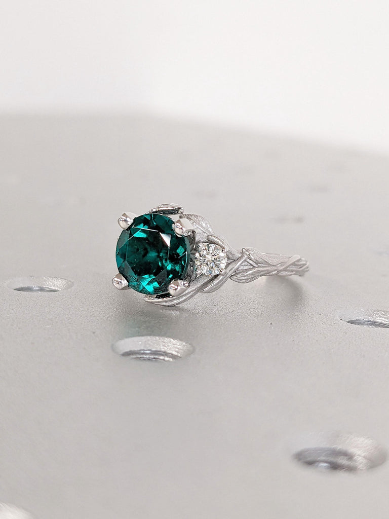 Nature Inspired Unique Lab Emerald and Lab Grown Diamond Engagement Ring | Twigs and Leaf Floral Ring | Platinum Wedding Ring