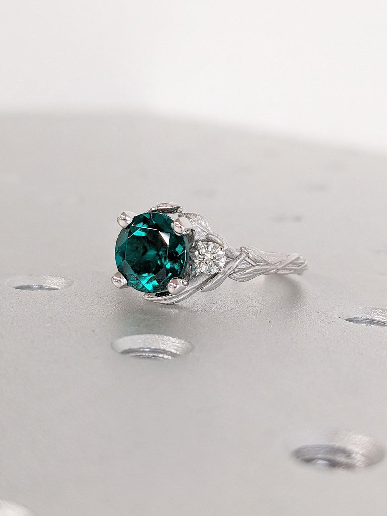 Nature Inspired Unique Lab Emerald and Lab Grown Diamond Engagement Ring | Twigs and Leaf Floral Ring | Platinum Wedding Ring