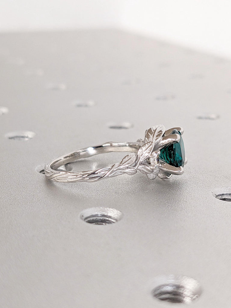 Unique Leaf Ring | Round Emerald and Moissanite Rustic Promise Anniversary Ring | White Gold, Platinum Woman Bridal Jewelry | May Birthstone