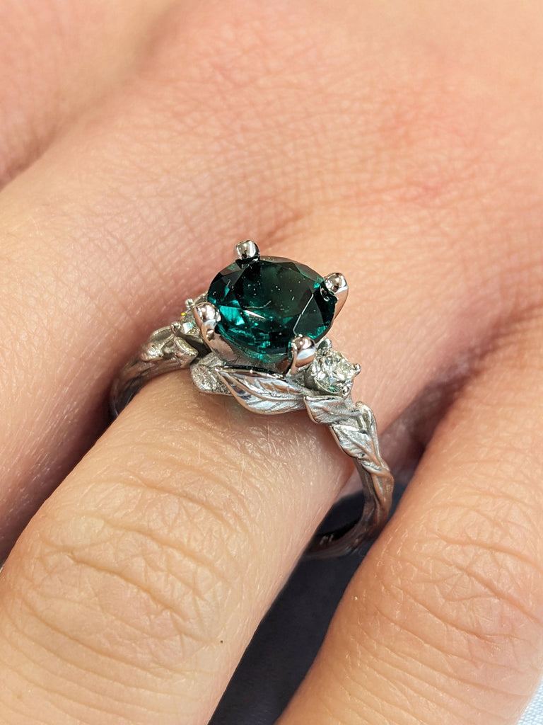 Emerald and Moissanite Three Stone Proposal Ring | Platinum Floral Engagement Ring | Woman Wedding Ring