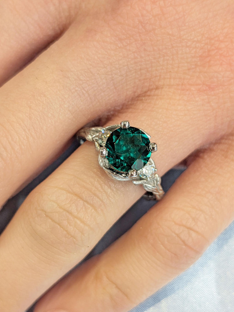 Unique Leaf Ring | Round Emerald and Moissanite Rustic Promise Anniversary Ring | White Gold, Platinum Woman Bridal Jewelry | May Birthstone