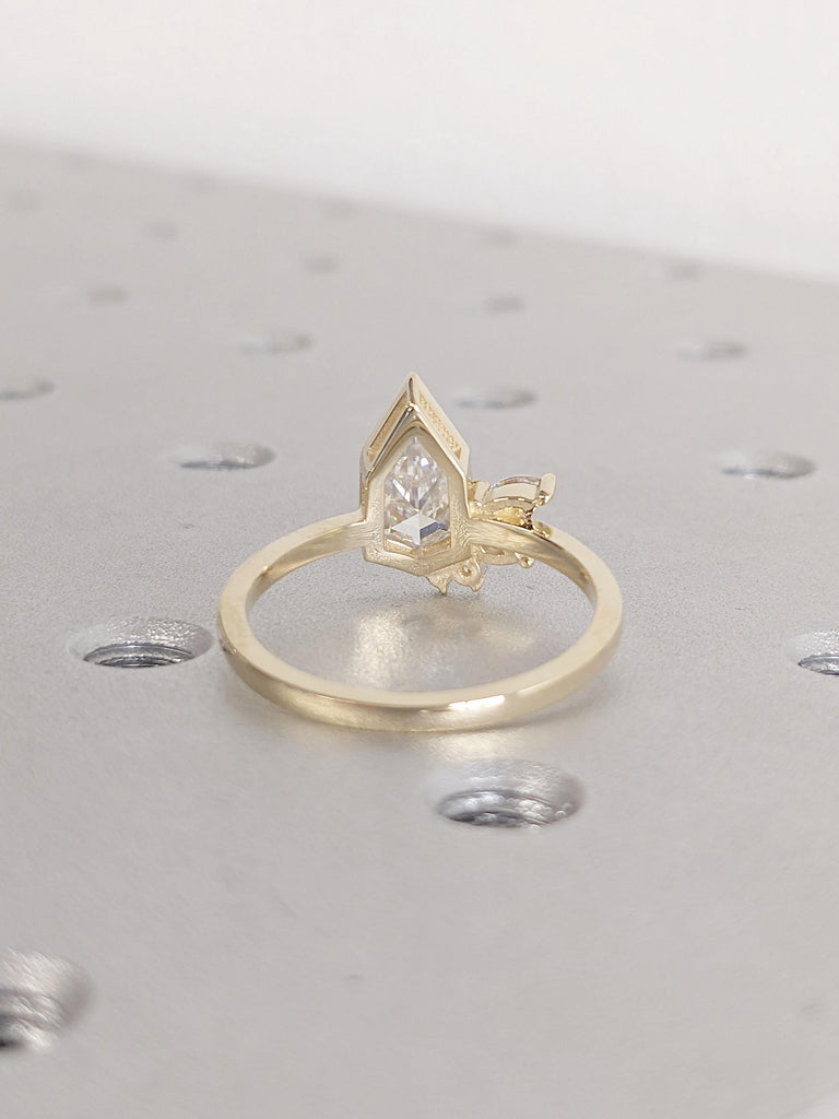 Unique 14k Gold Bezel Setting Shield Ring | Moissanite Cluster Ring | Art Deco Shield cut Engagement Ring | Pear, Marquise Moissanite Ring