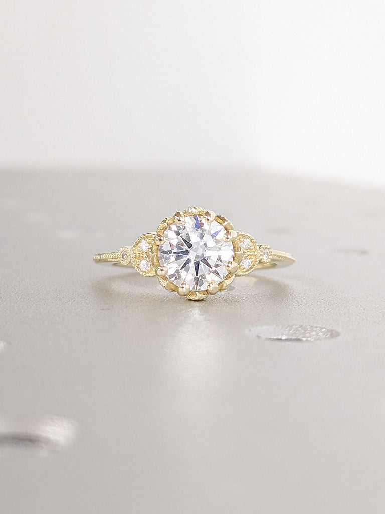 Round Moissantie Cluster Engagement Ring, Vintage Floral Moissanite Ring, 14k Yellow Gold Floral Engagement Ring, Nature Inspired Leaf Moissanite Ring