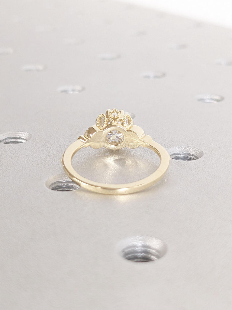 Unique Floral Engagement Ring • Round Moissanite Engagement Ring • 14K Solid Gold • Unique Leaf Ring • Milgrain Ring • Promise Ring For Her