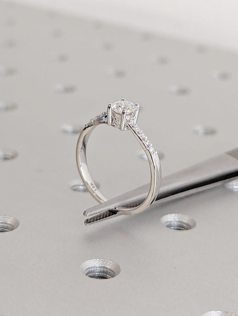 Lab Grown Diamond Cluster Engagement Ring | 14k White Gold Twisted Wedding Band | Unique Art Deco Promise Anniversary Ring Gift for Wife