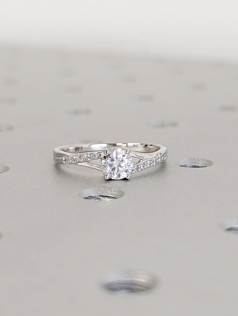 Round Lab Created Diamond Engagement Ring for Her | 14k White Gold Moissanite Cluster Ring | Diamond Eternity Ring | Twisted Band Wedding Ring