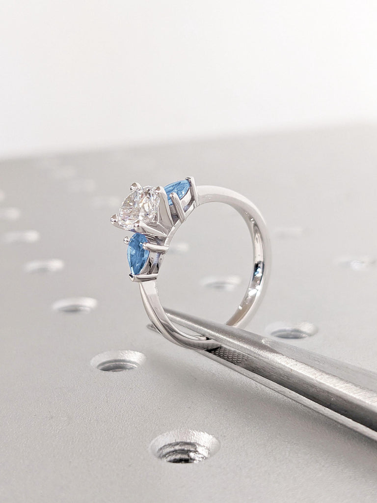 Unique Aquamarine & Lab Diamond Three Stone Ring for Her | 14k White Gold Small Women Simulant Diamond Promise Ring | March Birthstone Gift