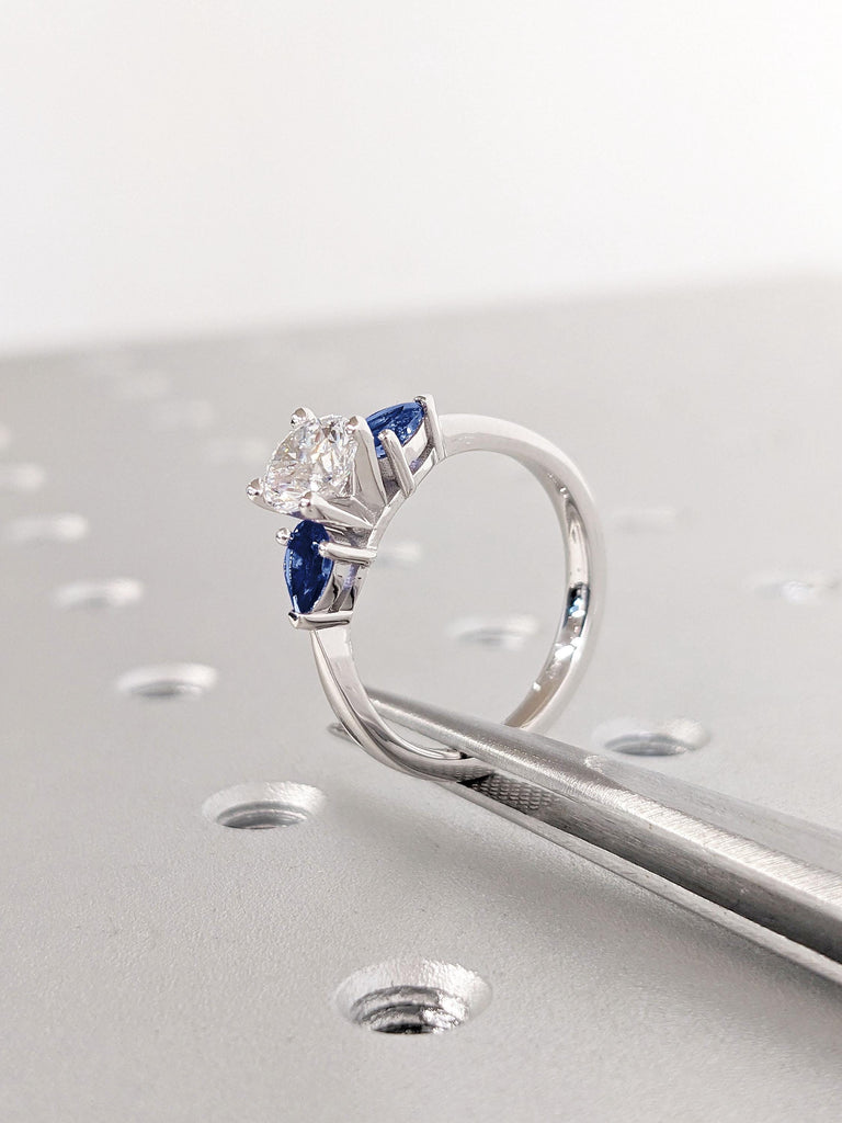 Unique Three Stone Engagement Ring for Her Lab Diamond & Sapphire | 14k White Gold Small Women Diamond Promise Ring | September Birthstone