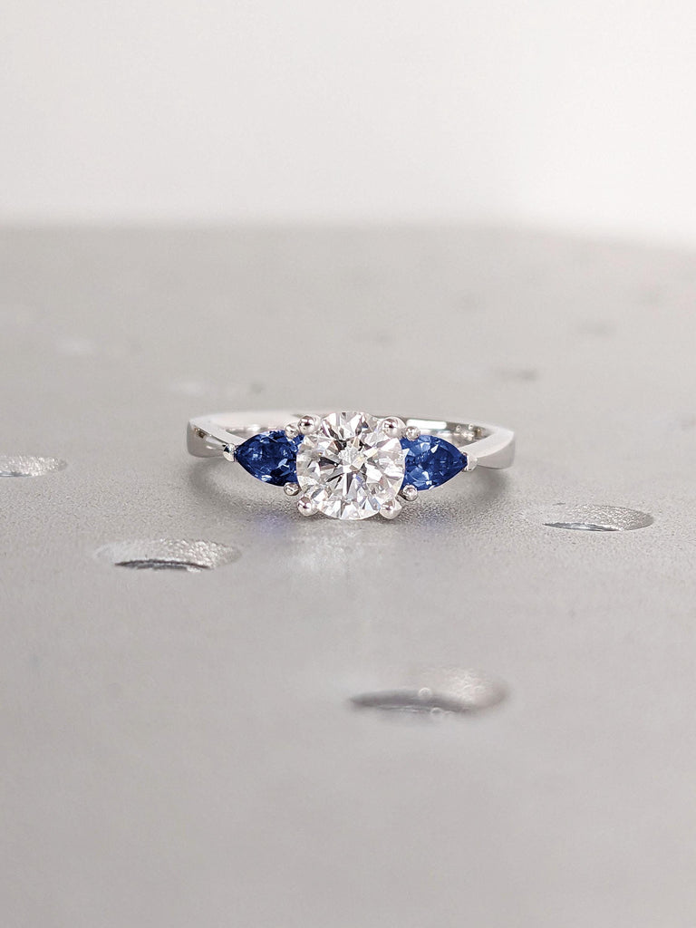 Unique Lab Diamond & Sapphire Three Stone Engagement Ring for Her | 14k White Gold Small Women Diamond Promise Ring | September Birthstone