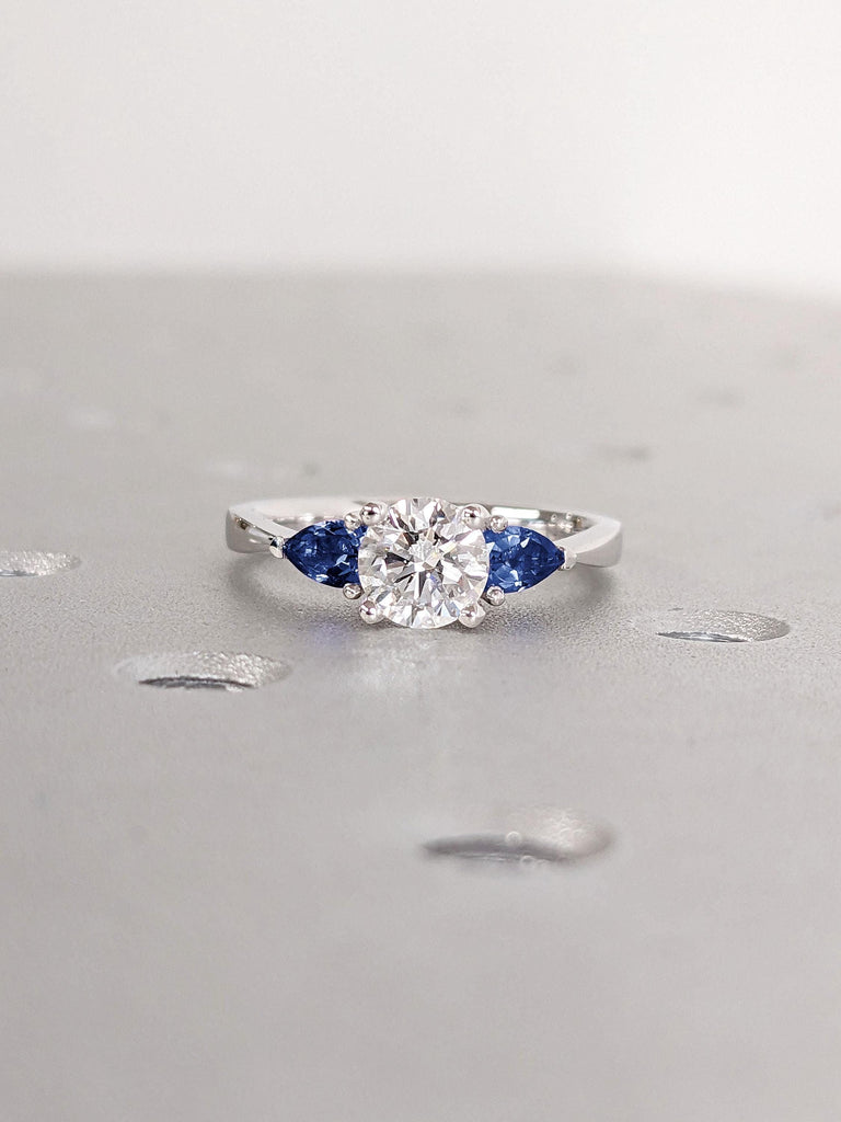 Dainty Moissanite & Sapphire Three Stone Engagement Ring for Her | 14k White Gold Small Women Diamond Promise Ring | September Birthstone