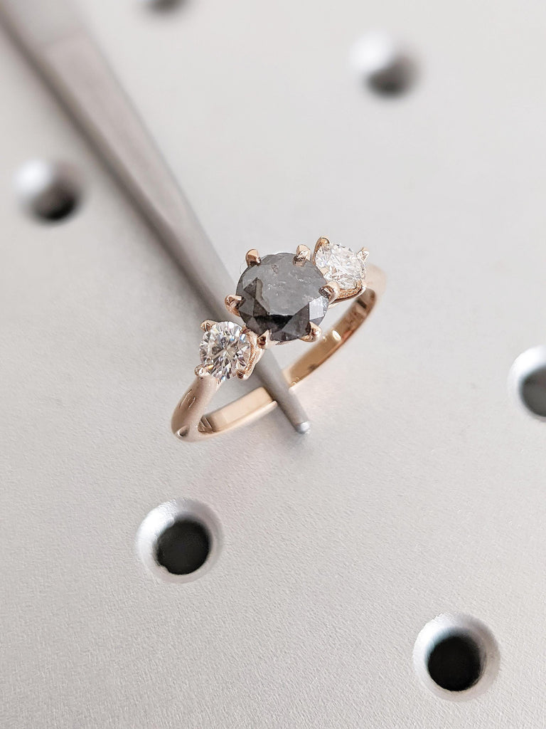 Art Deco Salt and Pepper Diamond Ring, 14k Rose Gold Polished Finished Wedding Band, Diamond Engagement Ring, Unique Moissanite Promise Ring