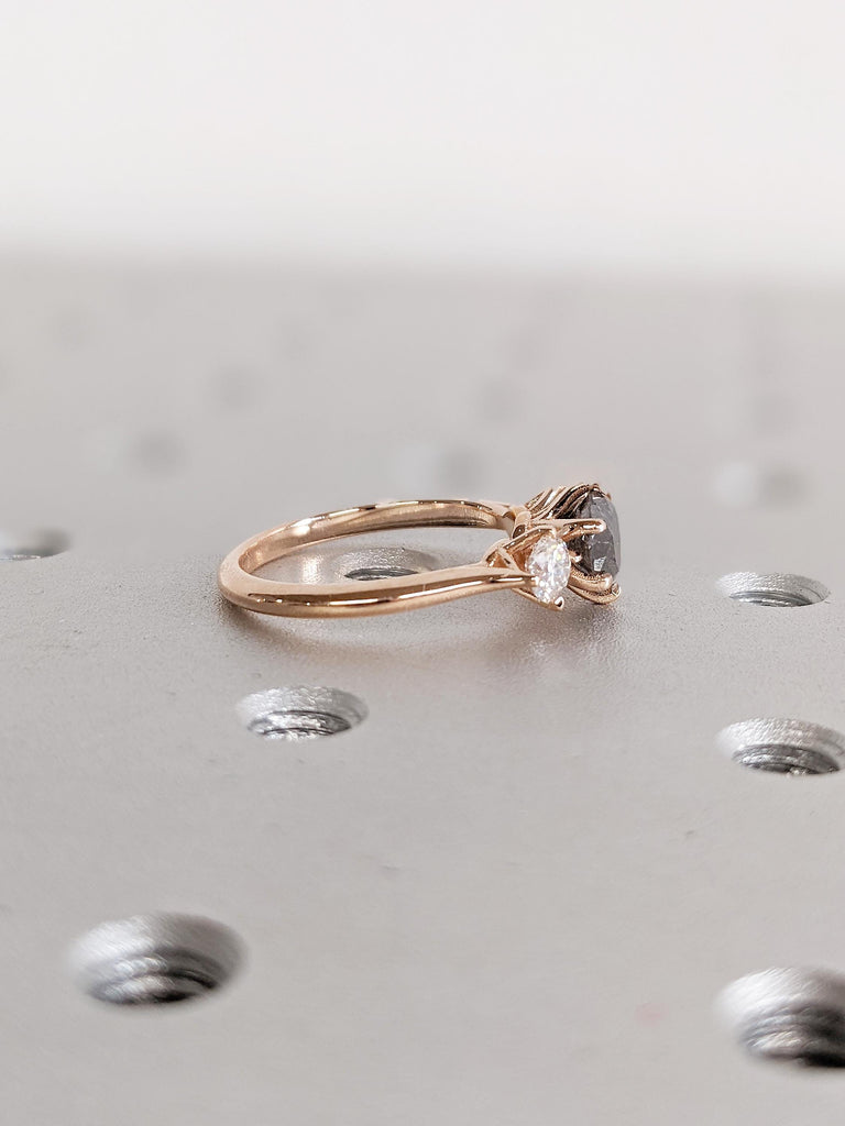 Art Deco Salt and Pepper Diamond Ring, 14k Rose Gold Polished Finished Wedding Band, Diamond Engagement Ring, Unique Moissanite Promise Ring