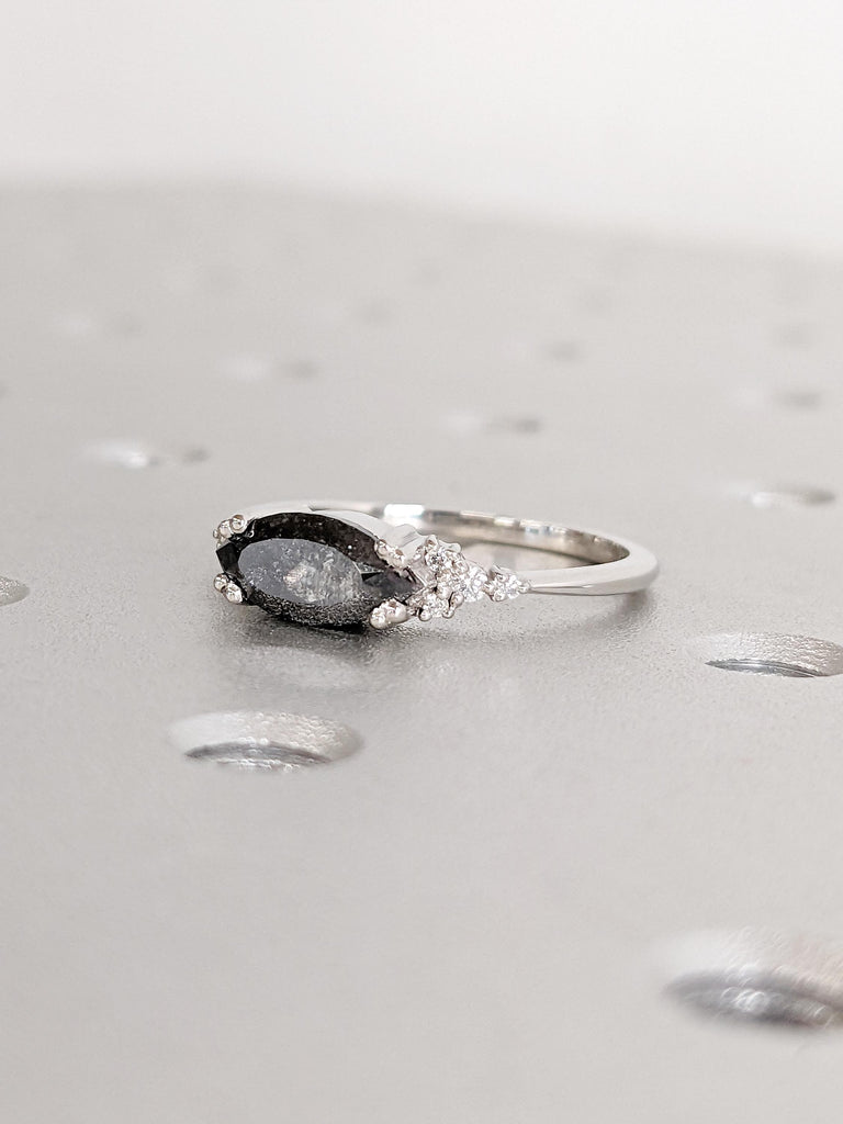 Classic Platinum Marquise Cut Salt and Pepper Diamond Modern Engagement Ring, Dainty Salt & Pepper Bridal Ring, Gothic Jewelry Wedding Ring