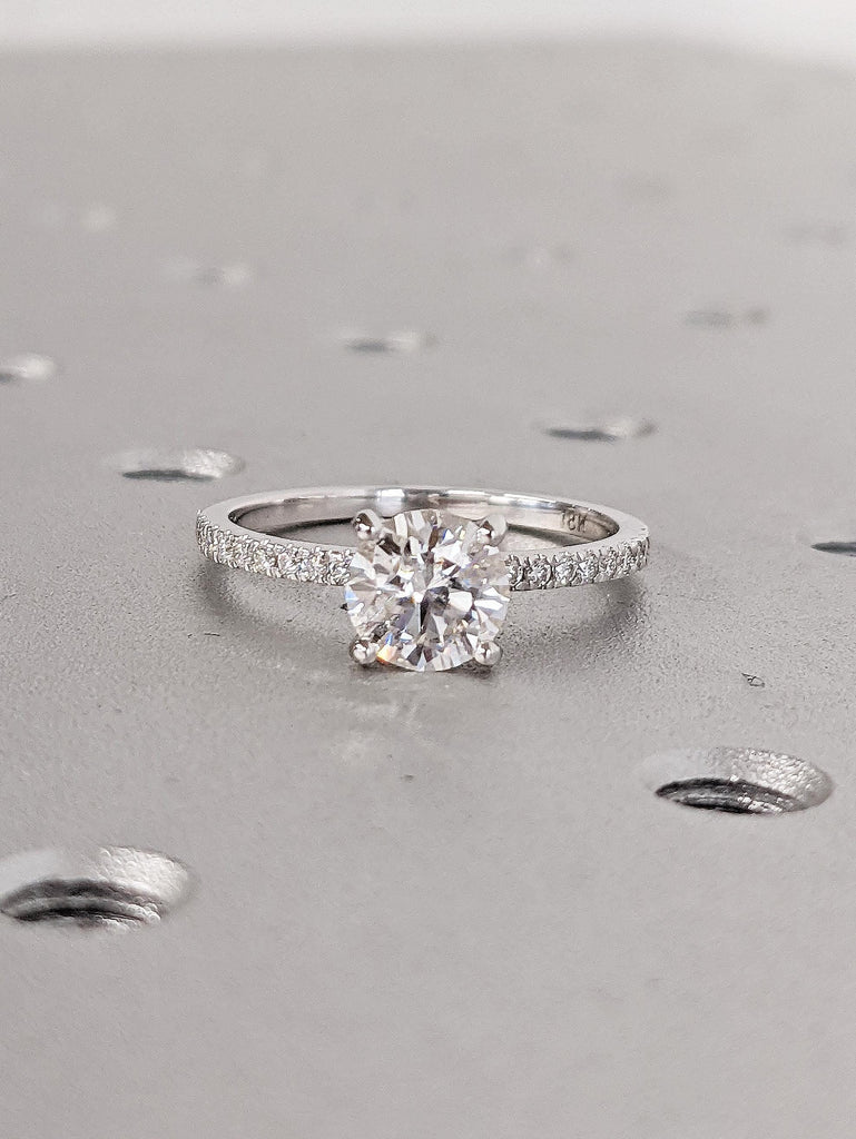 Round Cut 18k White Gold Lab Grown Diamond Engagement Ring, Half Eternity Proposal Ring, Hidden Halo Anniversary Ring, Wedding Gift for Her