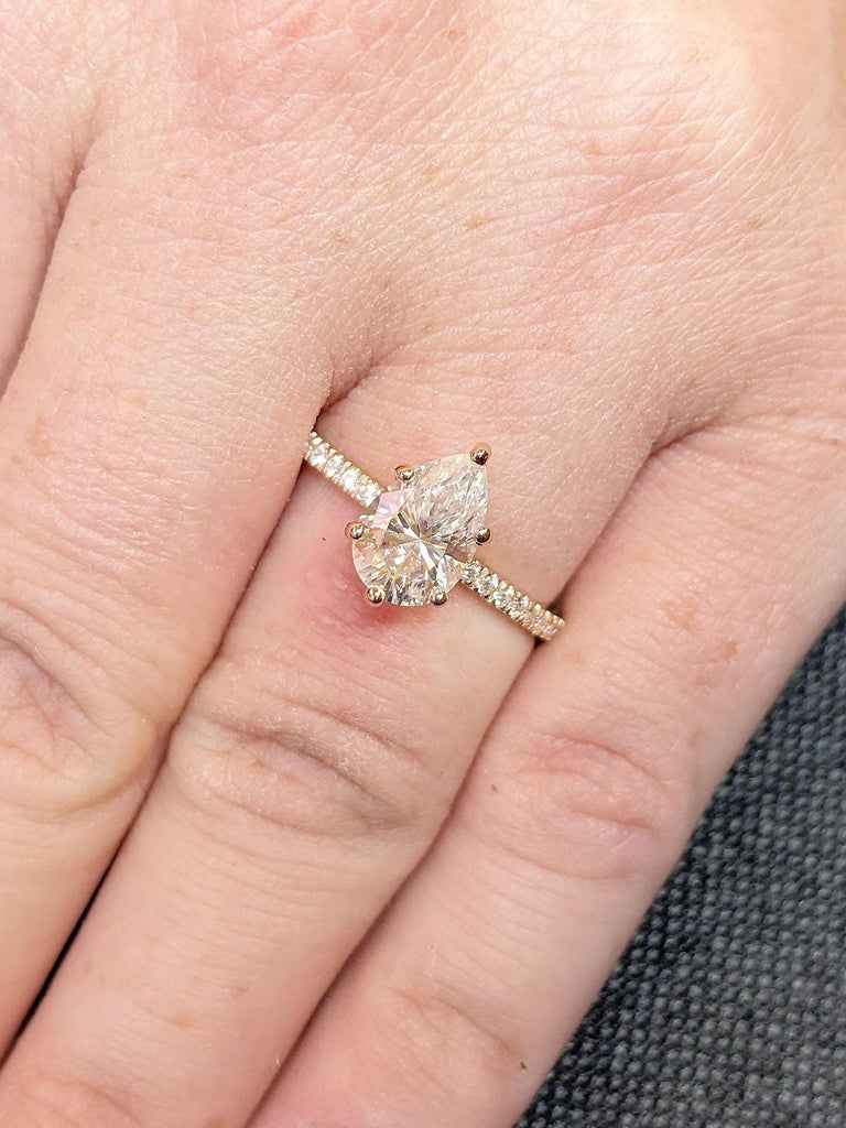 Pear cut Moissanite Rose Gold Engagement Proposal Ring | Thin Gold Ring with Paved Diamonds | Moissanite and Sparkling Diamonds Promise Ring