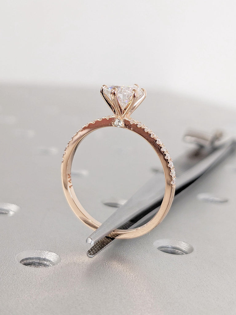 Accented Bridge, Lab Diamond Paved Half Eternity Ring | Pear cut Solitaire Ring | Real Rose Gold Wedding Ring | Moissanite Promise Ring