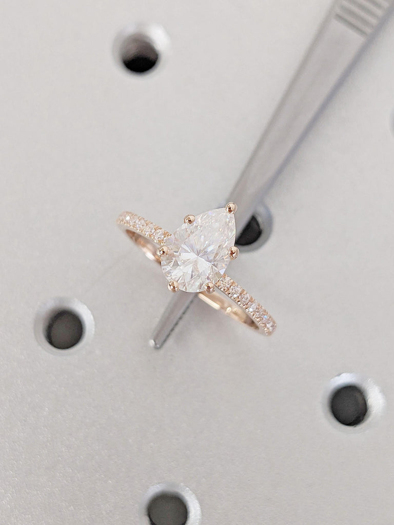 Pear Shaped Moissanite Engagement Ring | Rose Gold Bridal  Ring | Diamond Wedding Ring | Art Deco Tear Drop Half Eternity Pear cut Women Ring, 1.5ct Moissanite