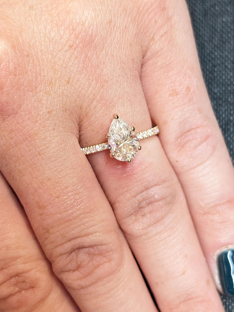 1-3CT Pear Shape Moissanite Engagement Ring | Pear Cut Ring Tear Drop | 14K 18K Rose Gold Diamond Pave Setting Ring | Anniversary Gift Ring