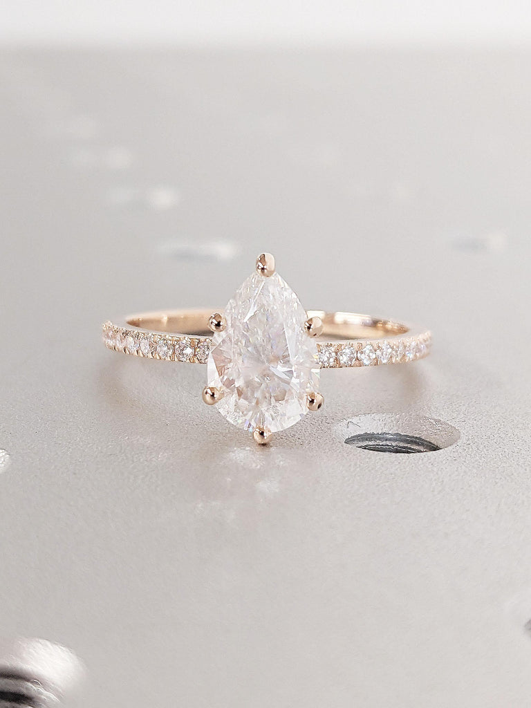 14k Rose Gold Lab Created Diamond Promise Ring for Her | Half Eternity Band | Round Diamond Cluster Ring | Pear cut Woman Wedding Ring