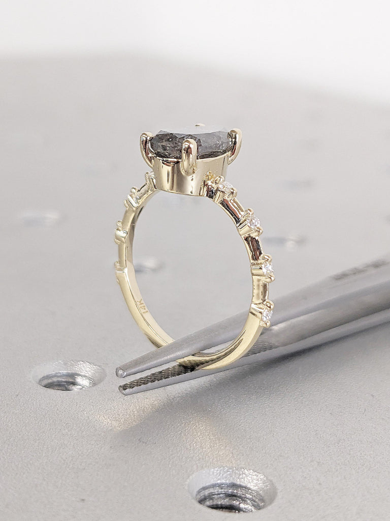 0.5-2.25ct Pear Cut Salt and Pepper Engagement Ring, Unique 14k Yellow Gold Anniversary Ring, Dainty Minimalist Promise Ring, Gift for Her