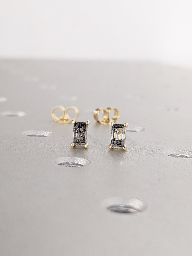 Baguette Salt and Pepper Diamond Stud Earrings, 14K Yellow Gold Earrings, Tiny Stud Earrings, Minimalist Earrings, Anniversary Gift for Wife