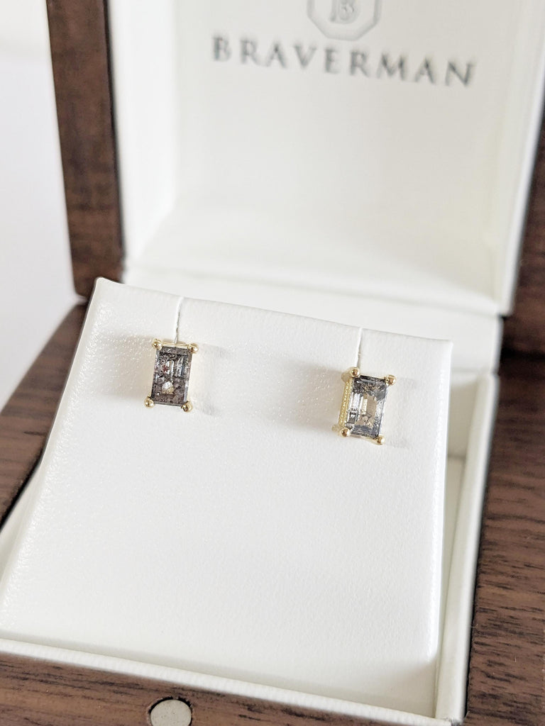 Baguette Salt and Pepper Diamond Stud Earrings, 14K Yellow Gold Earrings, Tiny Stud Earrings, Minimalist Earrings, Anniversary Gift for Wife