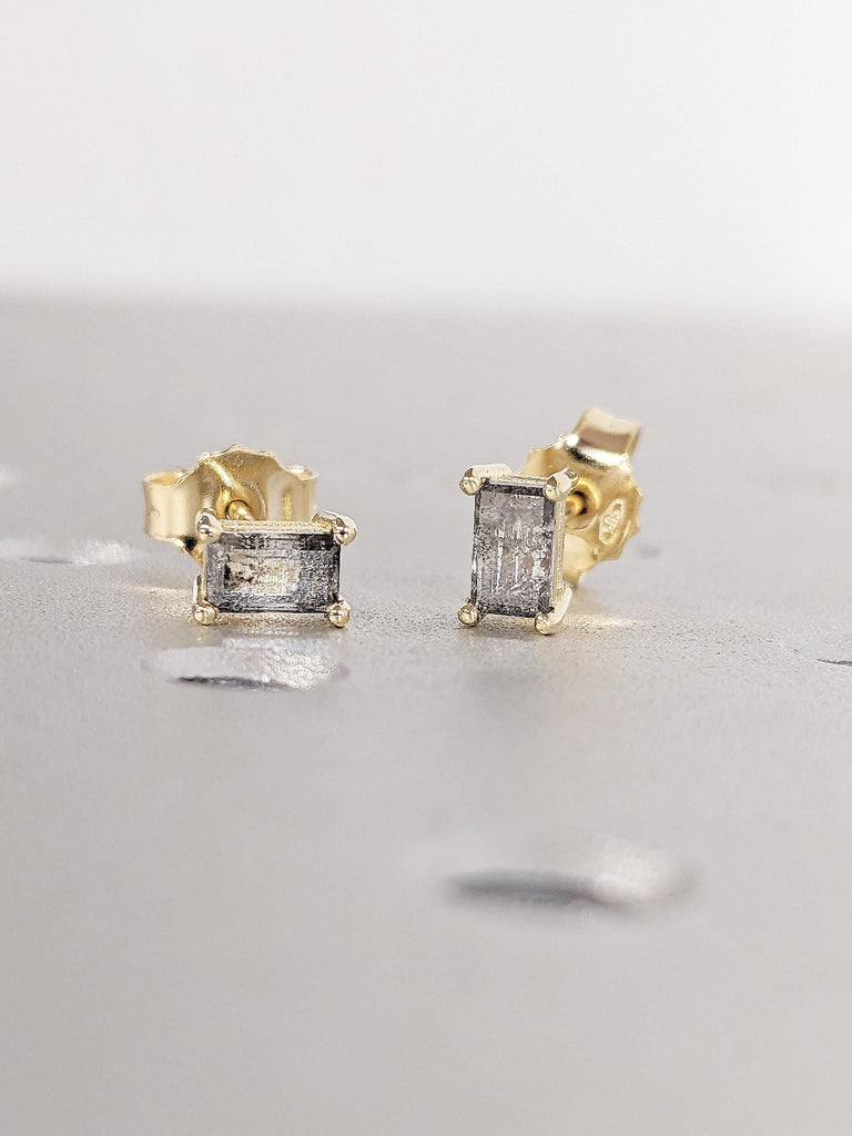 Baguette Salt and Pepper Diamond Stud Earrings, 14K Yellow Gold Earrings, Tiny Stud Earrings, Minimalist Earrings, Anniversary Gift for Wife