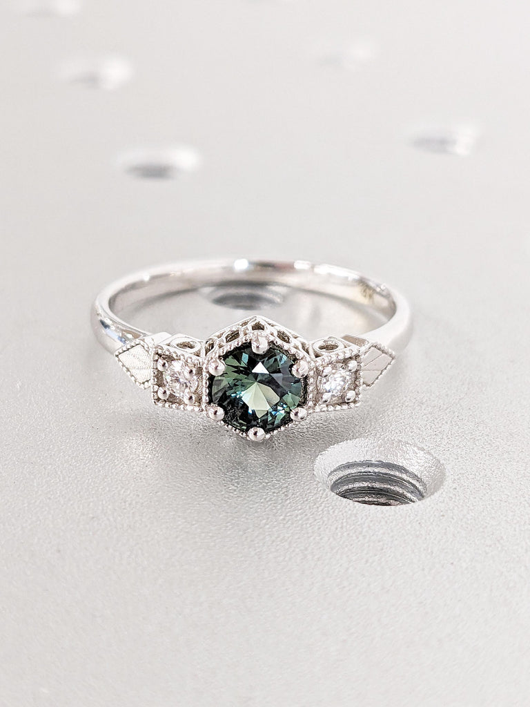 0.5ct Peacock Sapphire Engagement Ring, Art Deco 14k White Gold Statement Ring, Vintage Green Sapphire Ring, Unique Birthday Gift for Wife