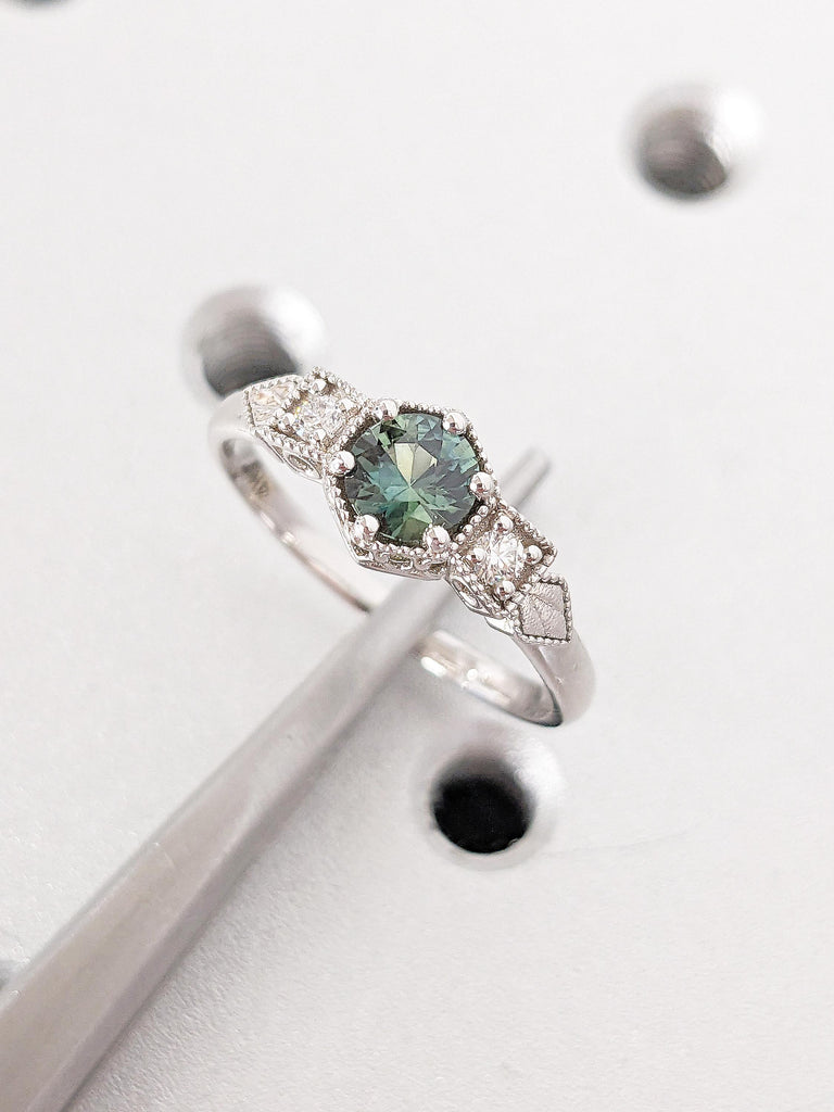 0.5ct Peacock Sapphire Engagement Ring, Art Deco 14k White Gold Statement Ring, Vintage Green Sapphire Ring, Unique Birthday Gift for Wife