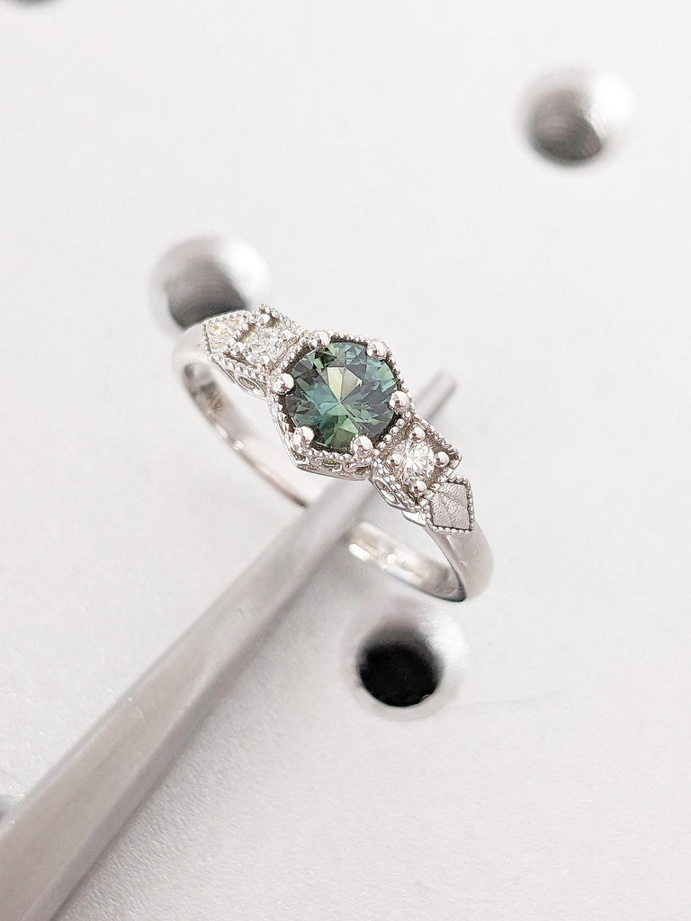 Vintage Peacock Sapphire Promise Ring for Her, 14k White Gold Green Blue Sapphire Ring, Art Deco Anniversary Rings for Women, Wedding Rings