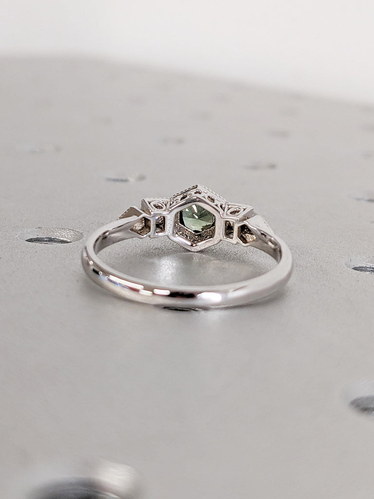 0.5ct Peacock Sapphire Engagement Ring, Art Deco 14k White Gold Statement Ring, Vintage Green Sapphire Ring, Unique Birthday Gift for Wife