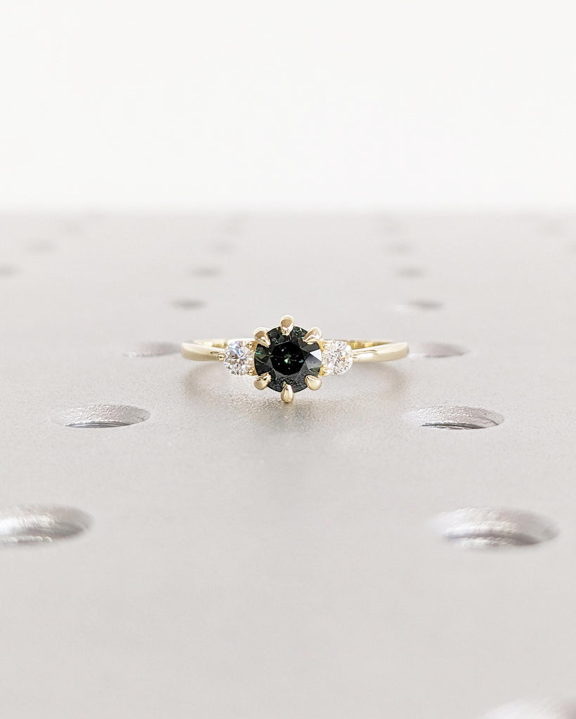 Natural Blue Green Sapphire and Diamond Unique Promise Engagement Ring | 0.5ct Round cut Peacock Sapphire Ring | 14k Yellow Gold Woman Wedding Ring